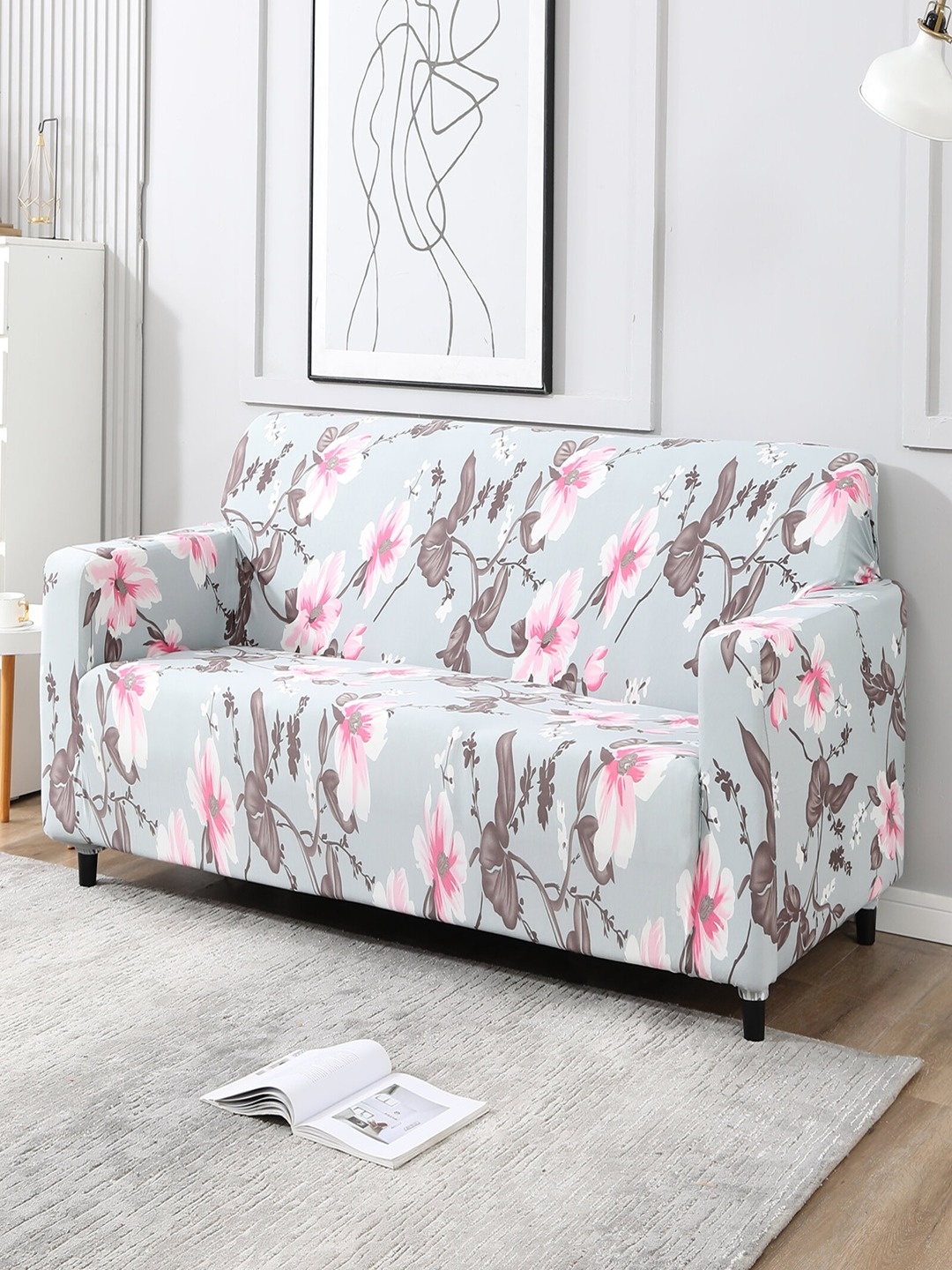 

HOKIPO Grey & Pink Printed 3-Seater Sofa Cover