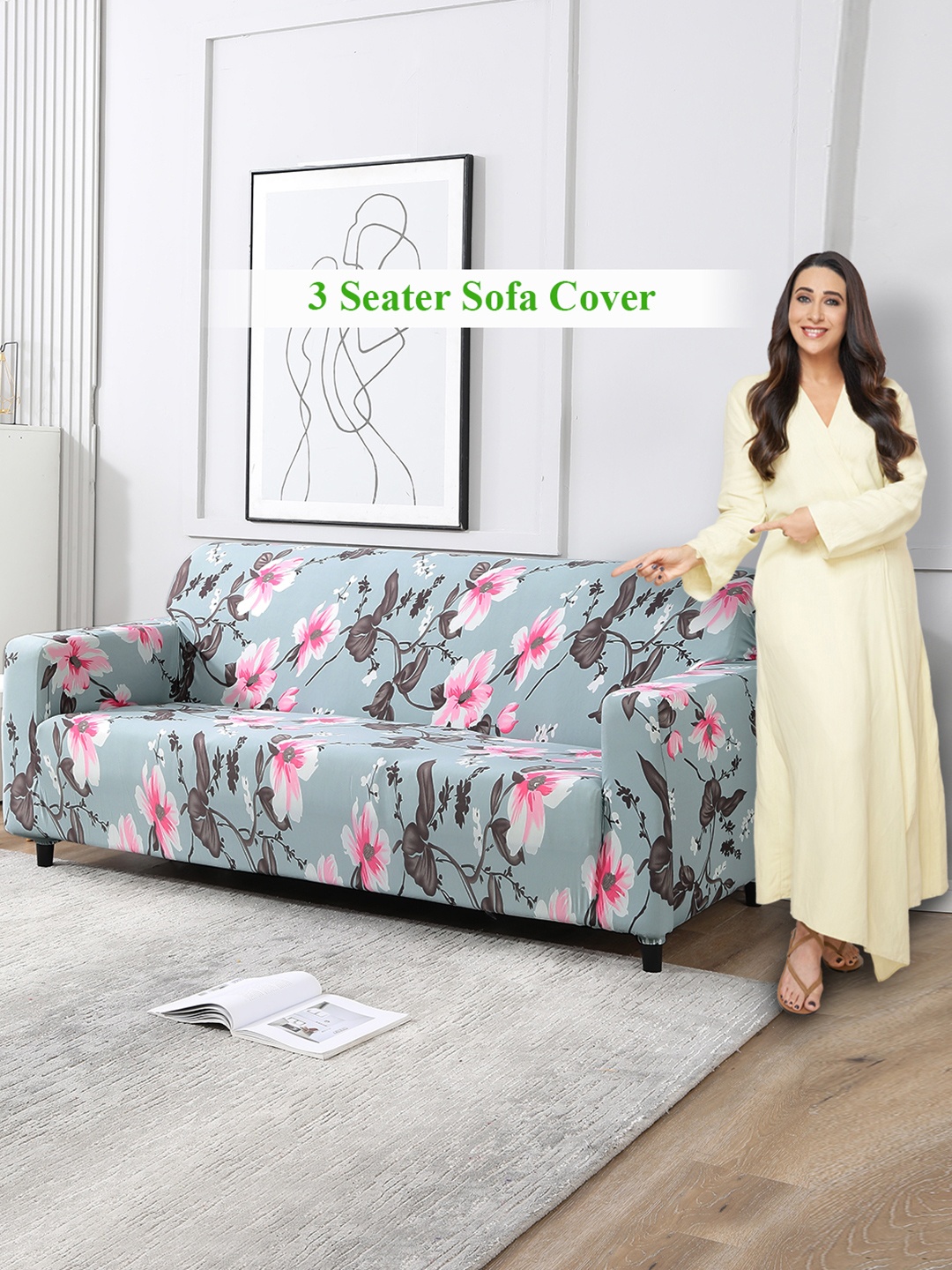 

HOKIPO Grey & Pink Printed 3-Seater Sofa Cover