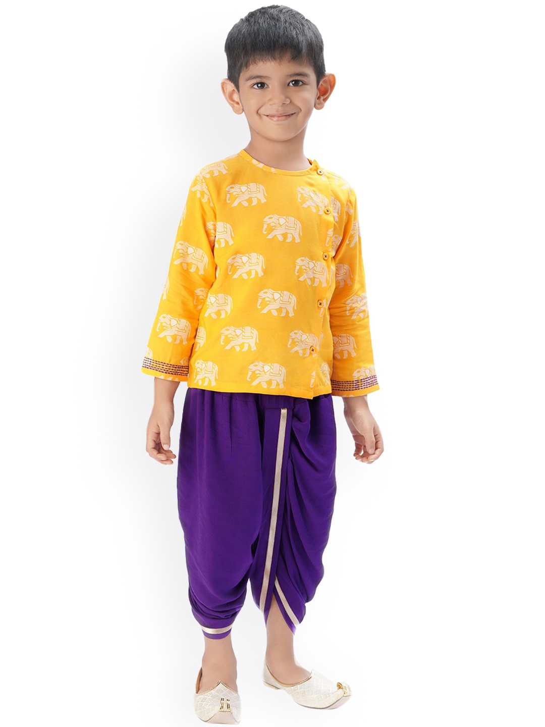 

LIL DRAMA Boys Ethnic Motifs Printed Gotta Patti Kurti With Dhoti Pants, Yellow