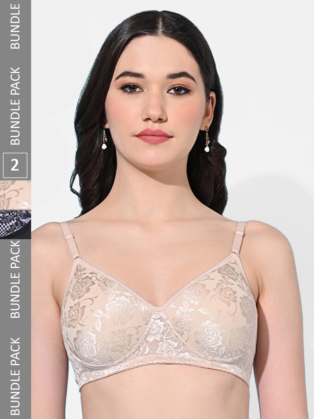 

FIMS Pack Of 2 Self Design Bras Full Coverage Lightly Padded, Beige