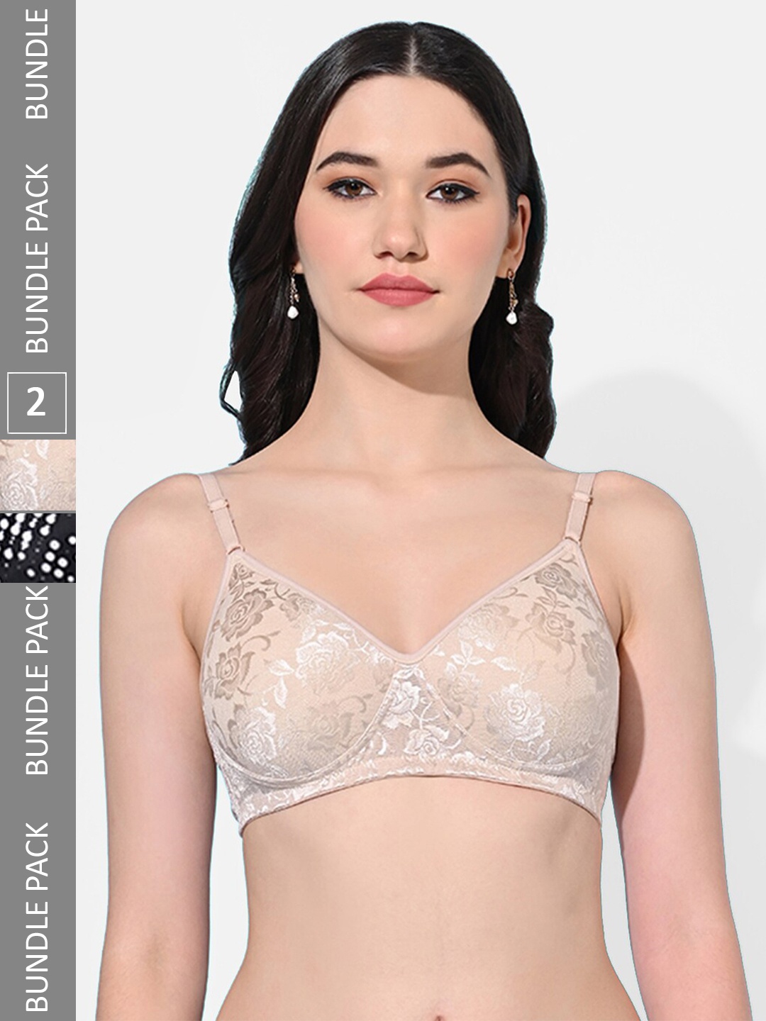 

FIMS Pack Of 2 Floral Self Design Bra Full Coverage Lightly Padded, Beige