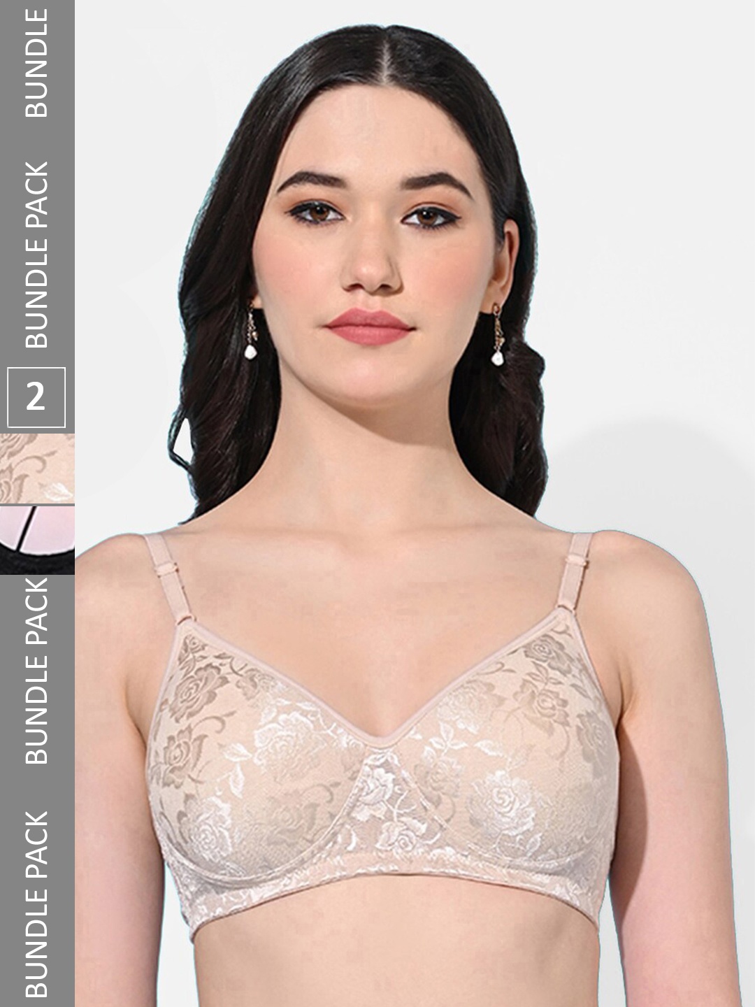 

FIMS Pack Of 2 Self Design Bras Full Coverage Lightly Padded, Beige