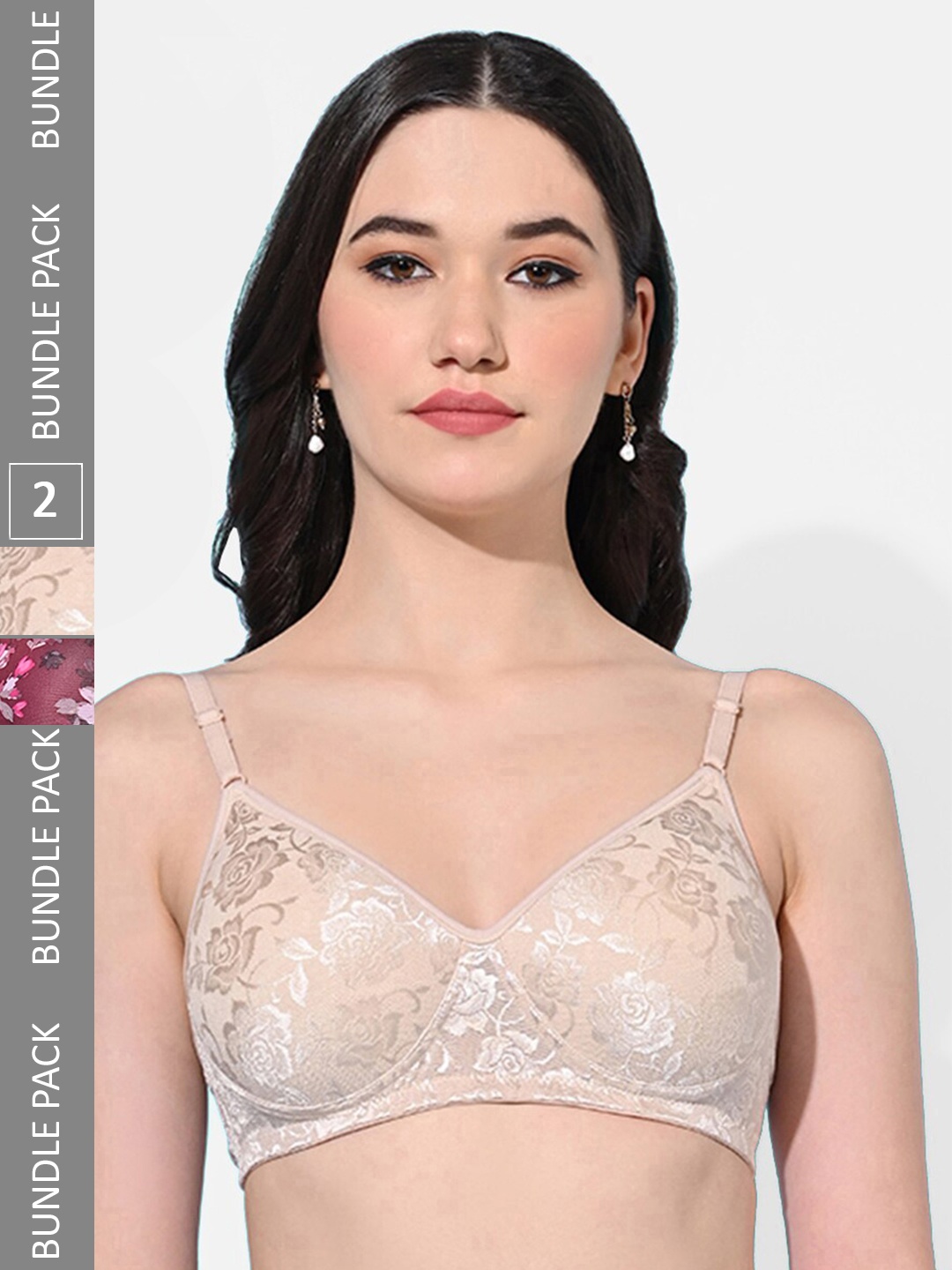 

FIMS Pack Of 2 Floral Full Coverage Lightly Padded Bra With All Day Comfort, Beige