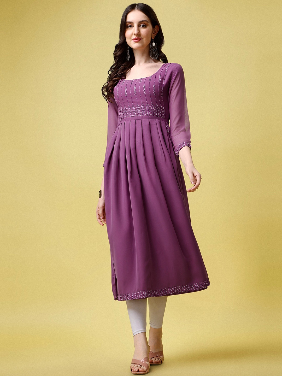

LABEL D11 Yoke Design Empire Sequinned Kurta with Trousers & With Dupatta, Purple