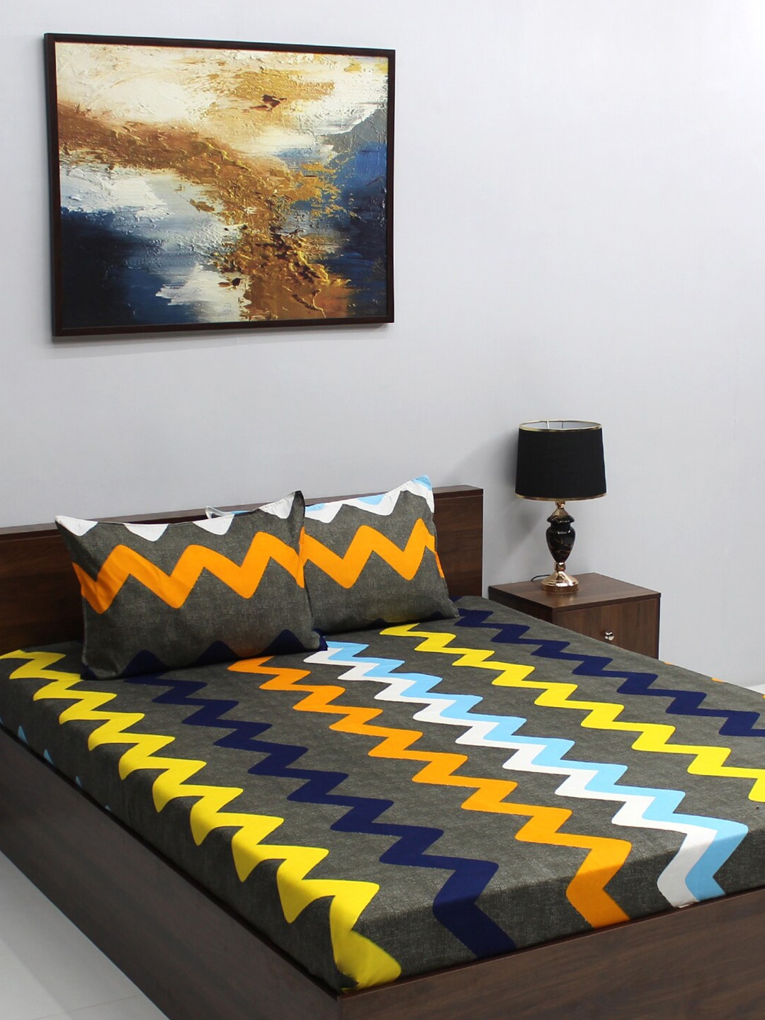 

Raymond Home Serene Blue & Yellow Striped 164 TC Queen Bedsheet with 2 Pillow Covers