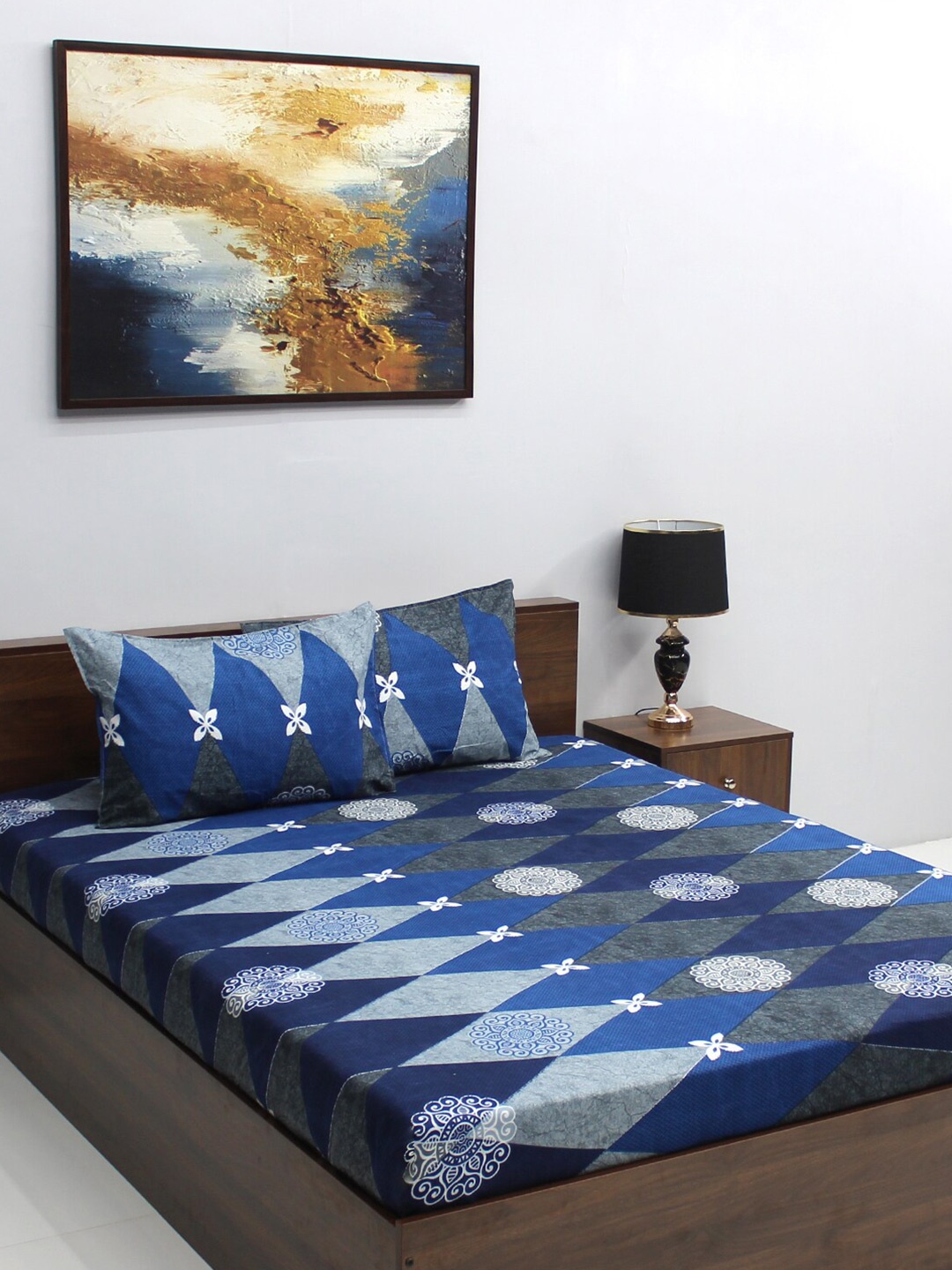 

Raymond Home Serene Blue & Grey Ethnic Motifs 164 TC Queen Bedsheet with 2 Pillow Covers