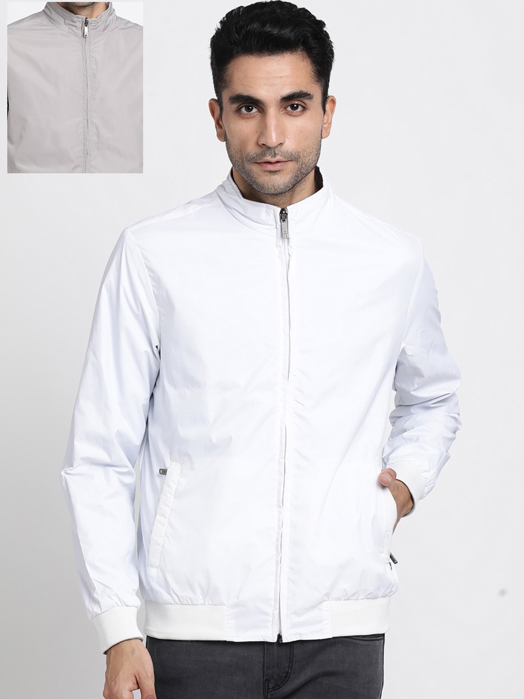 

Turtle Stand Collar Reversible Bomber Jacket, White