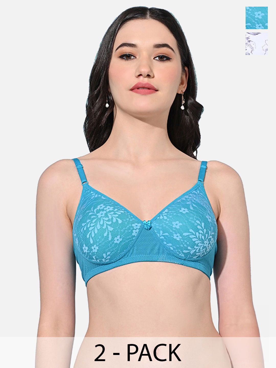 

FIMS Pack Of 2 Floral Self Design Full Coverage Lightly Padded All Day Comfort Bra, Blue