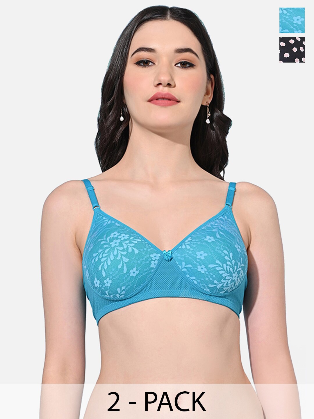 

FIMS Pack Of 2 Floral Self Design Seamless Lightly Padded Bra With All Day Comfort, Blue