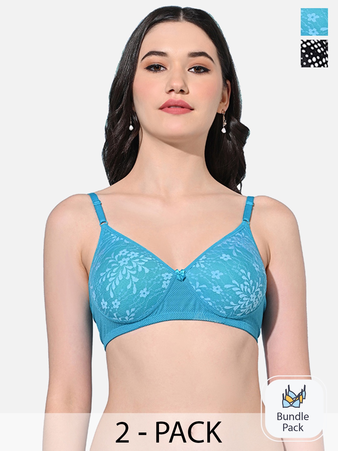 

FIMS Pack Of 2 Floral Self Design Seamless Lightly Padded Bra With All Day Comfort, Blue