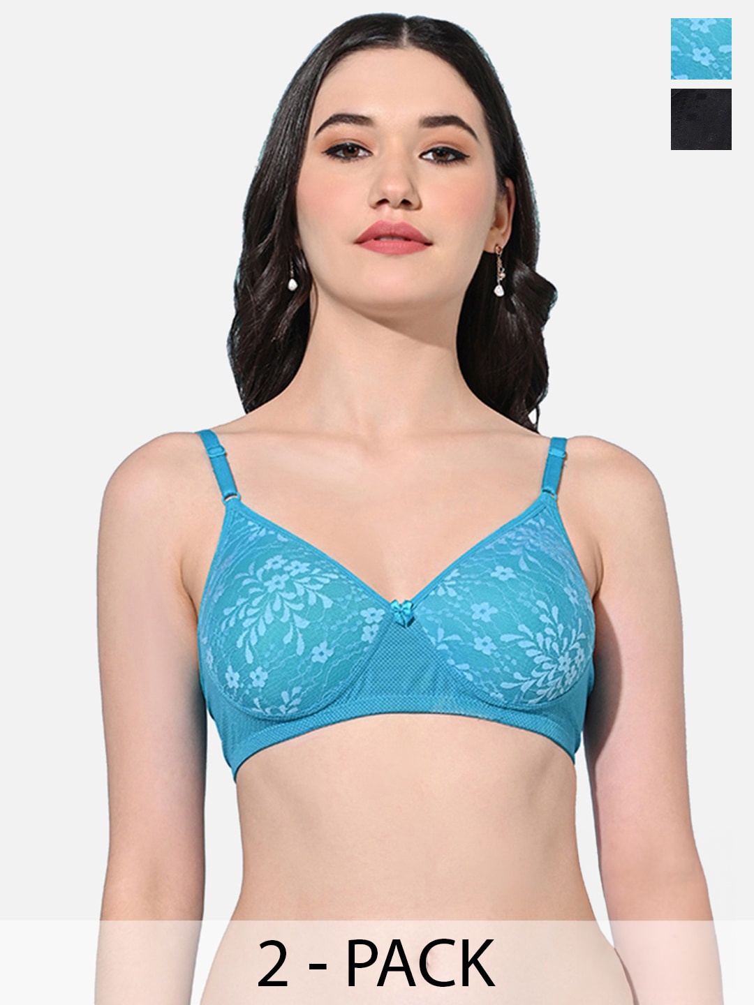 

FIMS Pack of 2 Floral Everyday Bra - Full Coverage Lightly Padded, Black