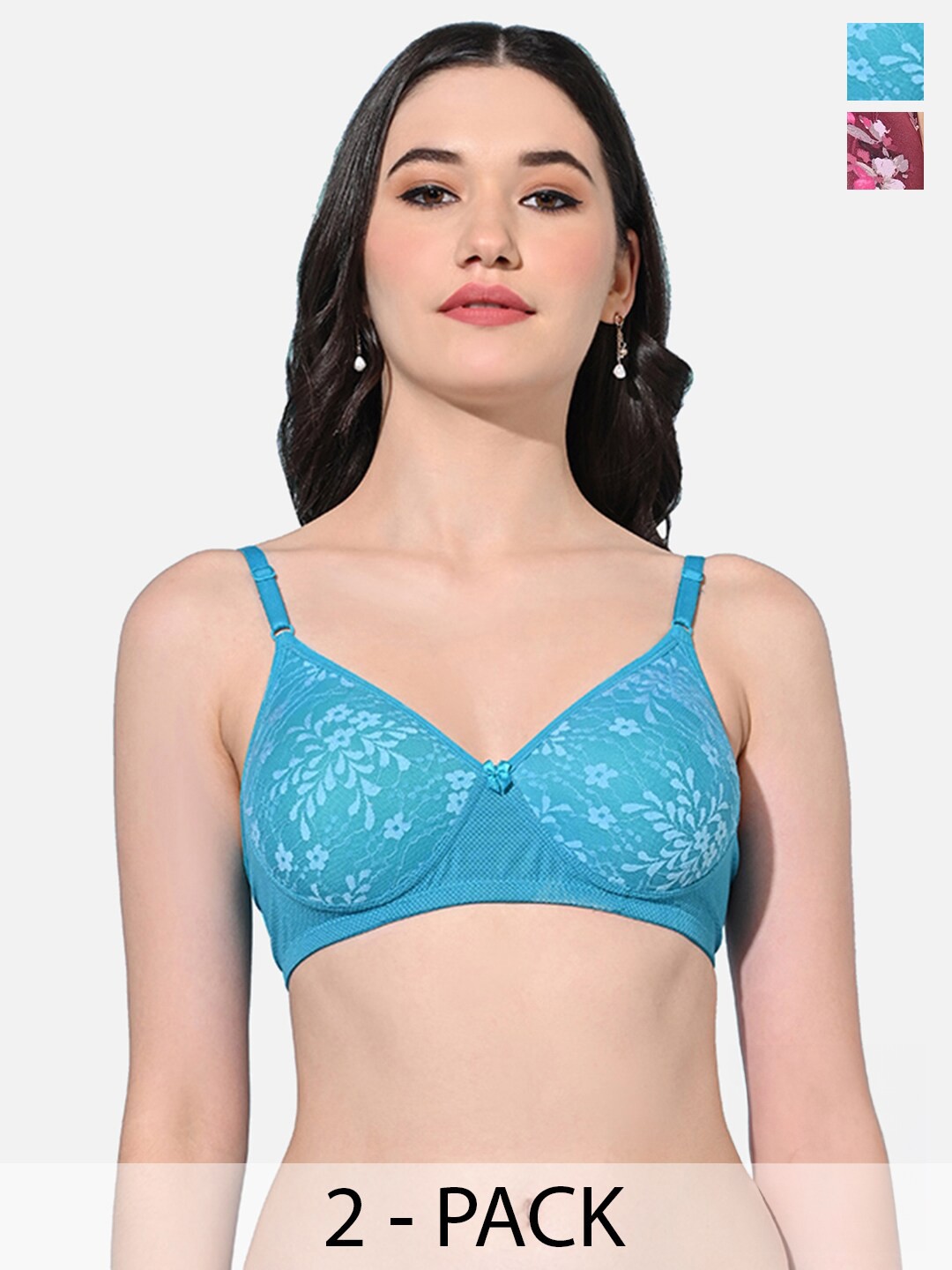 

FIMS Pack of 2 Floral Everyday Bra - Full Coverage Lightly Padded, Blue