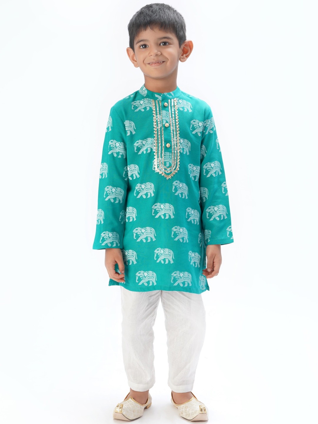 

LIL DRAMA Boys Ethnic Motifs Printed Gotta Patti Kurta With Pyjamas, Green