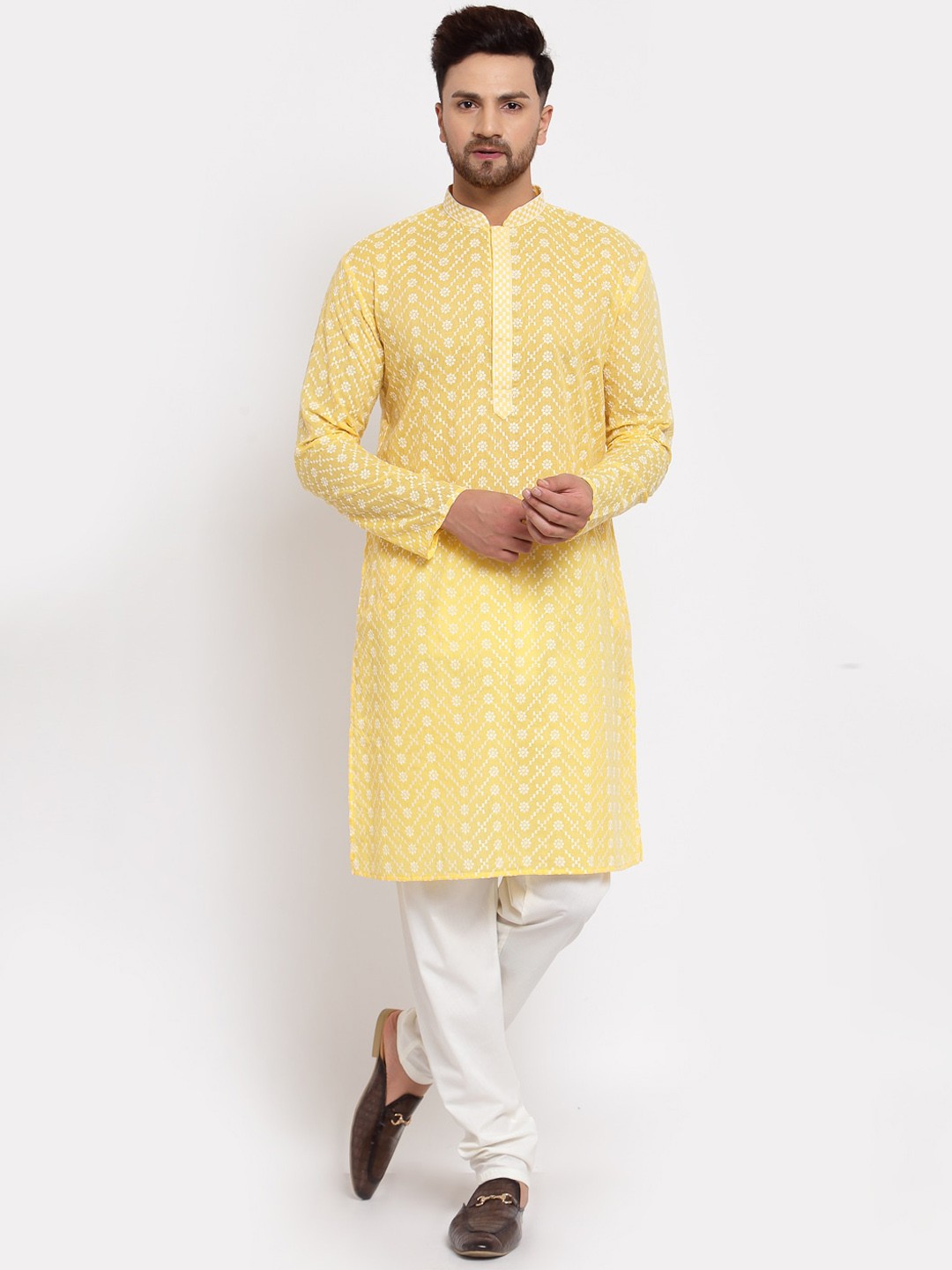 

MOHANLAL SONS Ethnic Motifs Embroidered Georgette Straight Kurta, Yellow