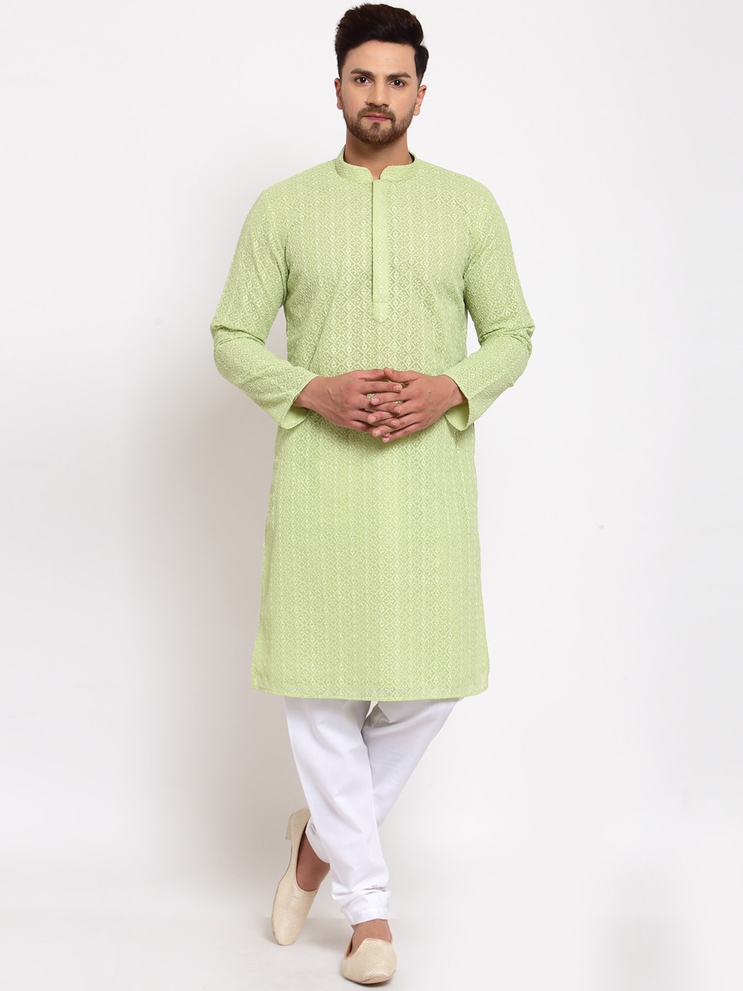 

MOHANLAL SONS Floral Embroidered Mandarin Collar Straight Kurta, Green