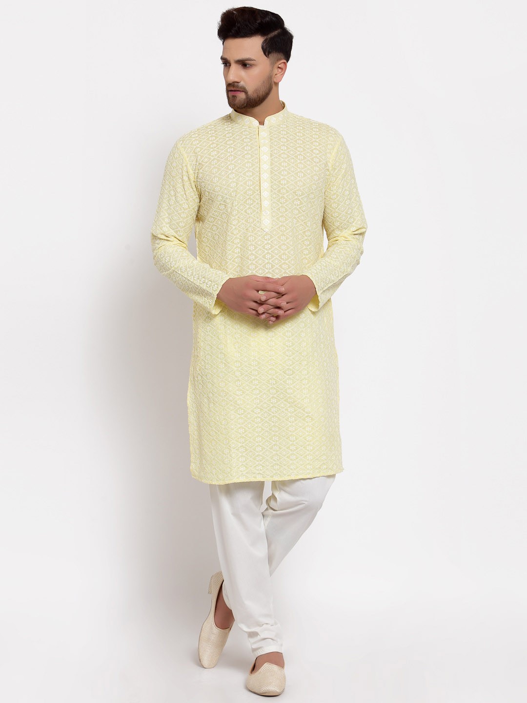 

MOHANLAL SONS Ethnic Motifs Embroidered Georgette Straight Kurta, Yellow