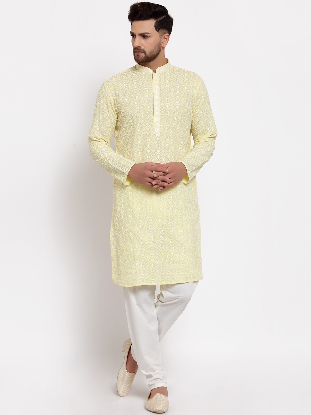 

MOHANLAL SONS Ethnic Motifs Embroidered Georgette Straight Kurta, Yellow