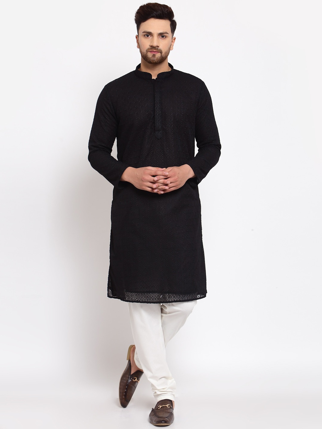 MOHANLAL SONS Ethnic Motifs Embroidered Georgette Straight Kurta, Black