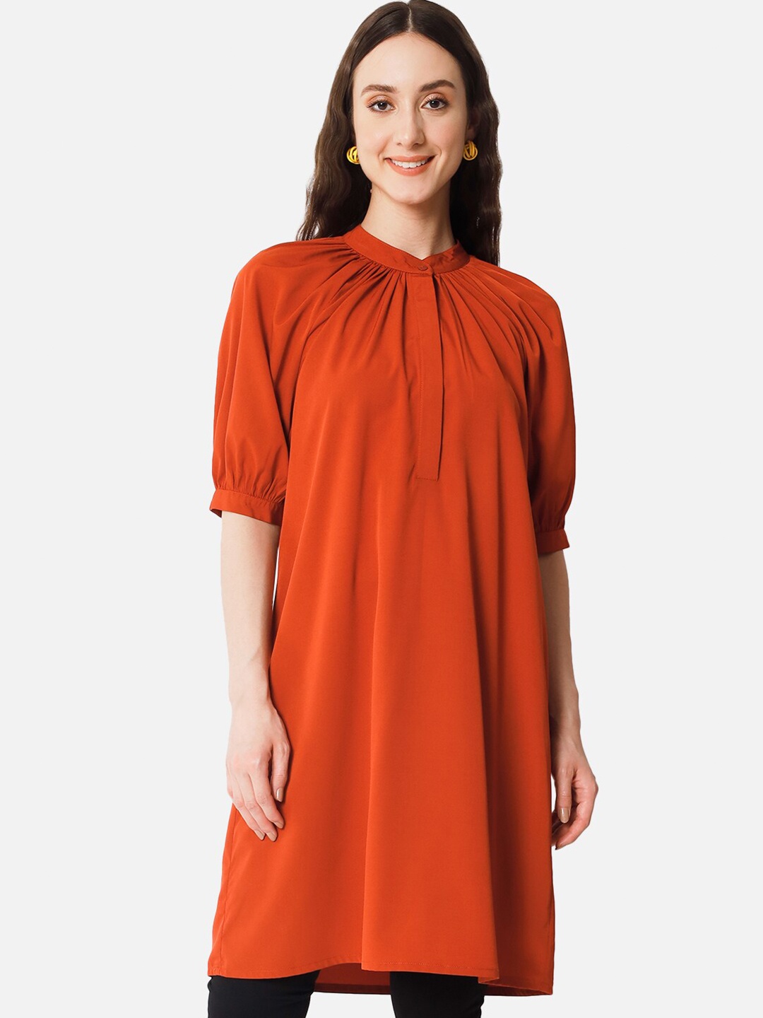 

ALL WAYS YOU Band Collar Puff Sleeves Longline Top, Rust