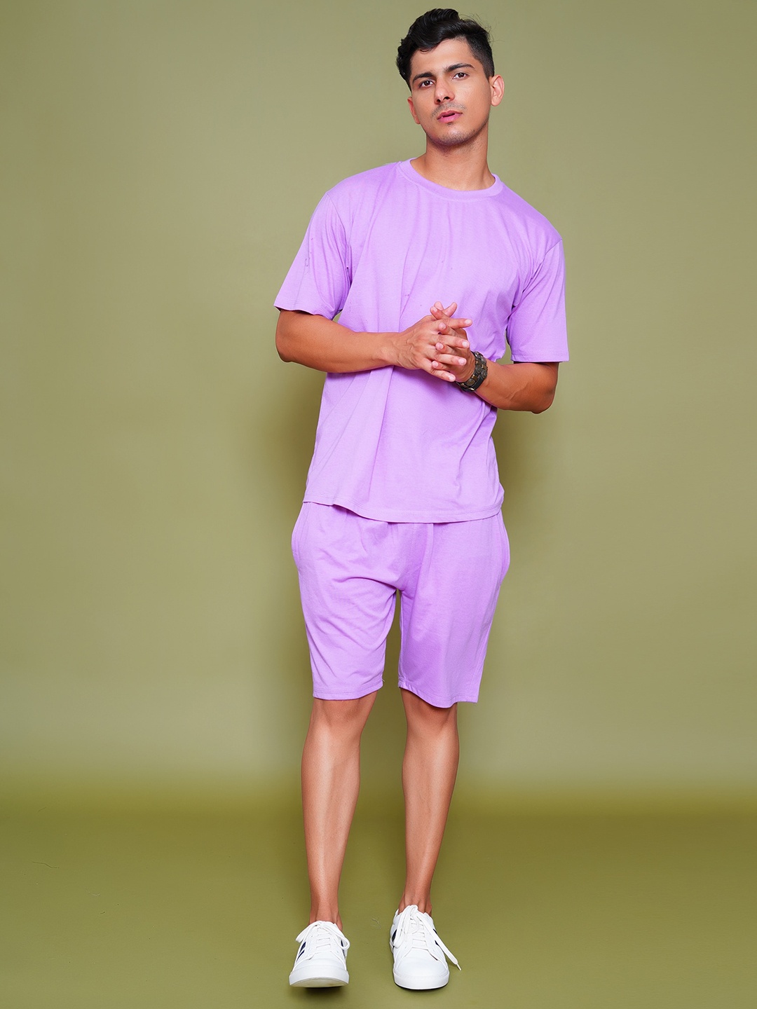

KRAASA Men T-Shirt & Shorts Co-Ords, Lavender
