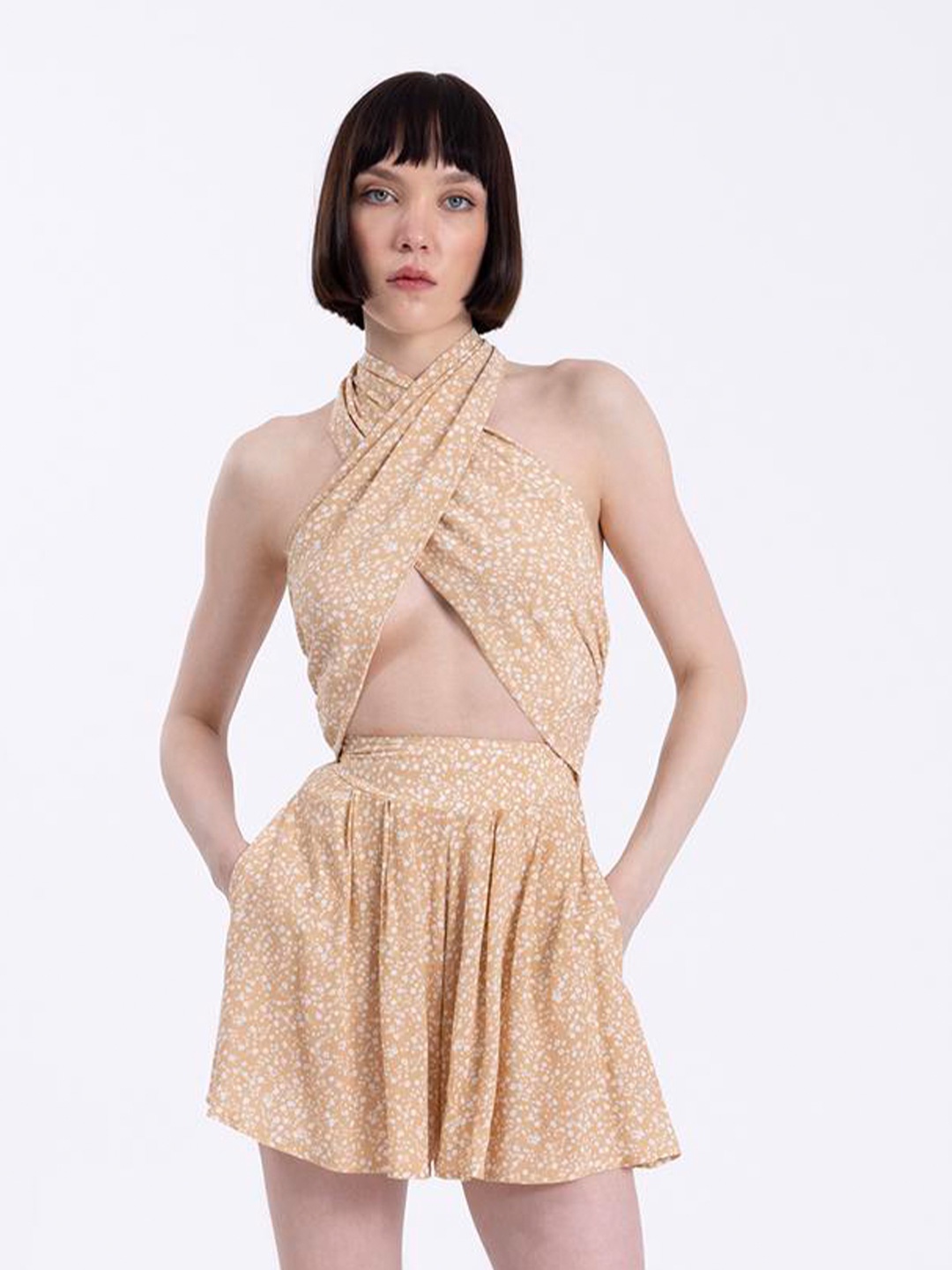 

PRET A TUER Halter Neck Printed Playsuit, Brown