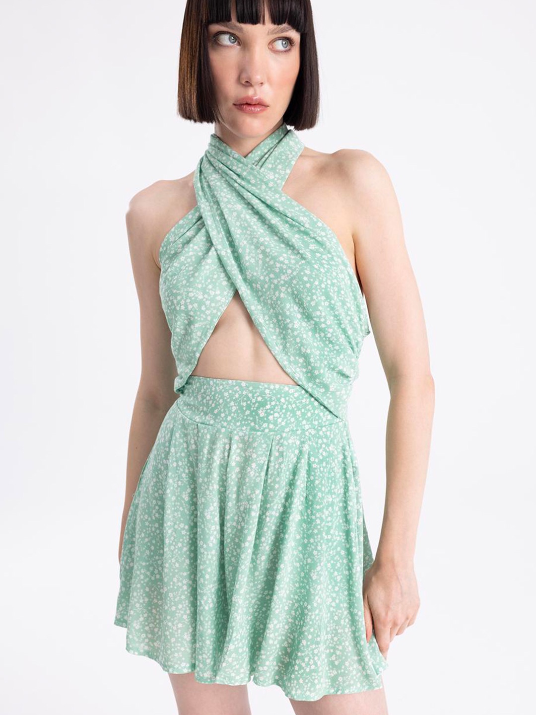 

PRET A TUER Halter Neck Printed Playsuit, Green