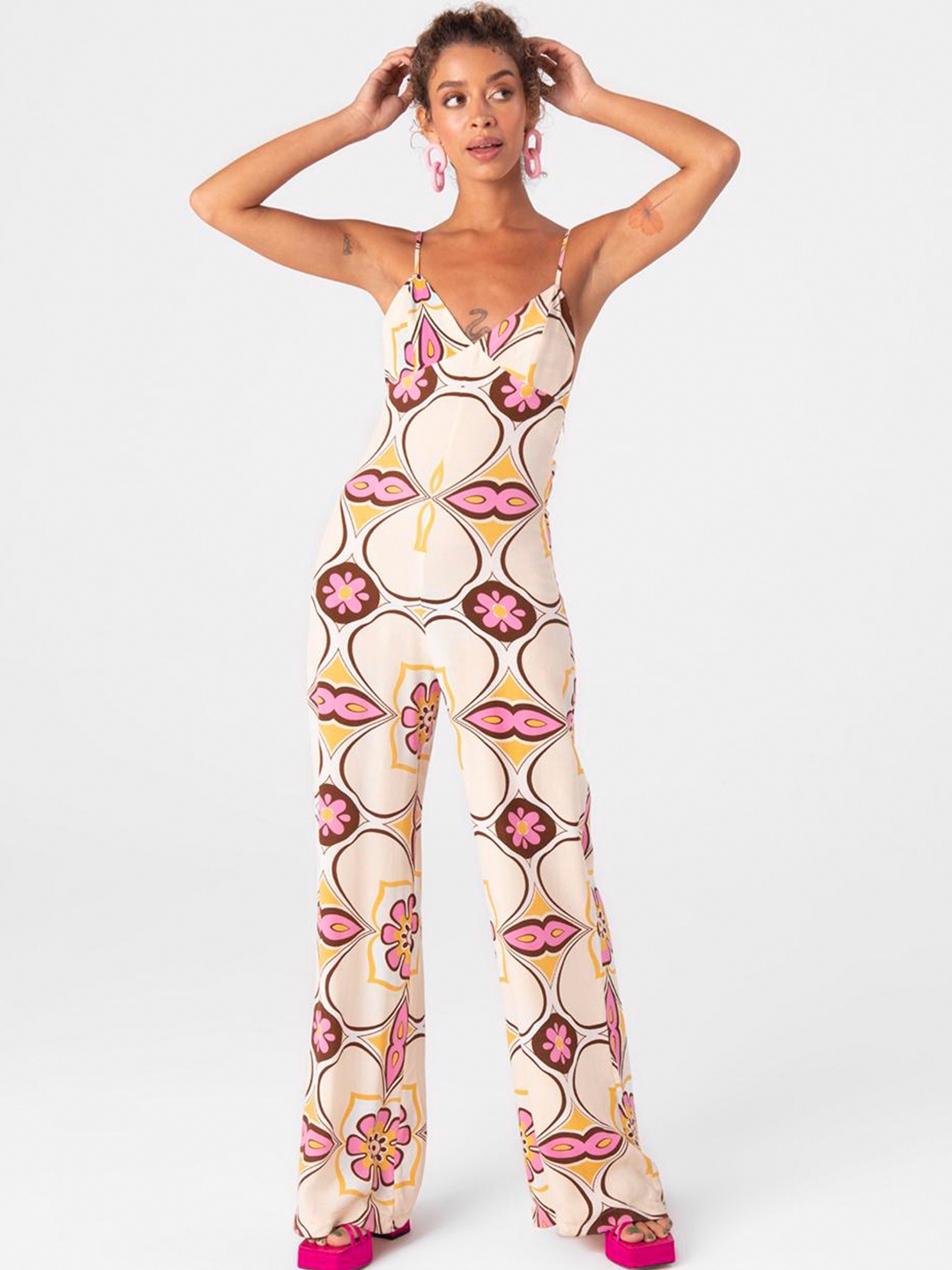 

PRET A TUER Shoulder Straps Printed Basic Jumpsuit, Beige