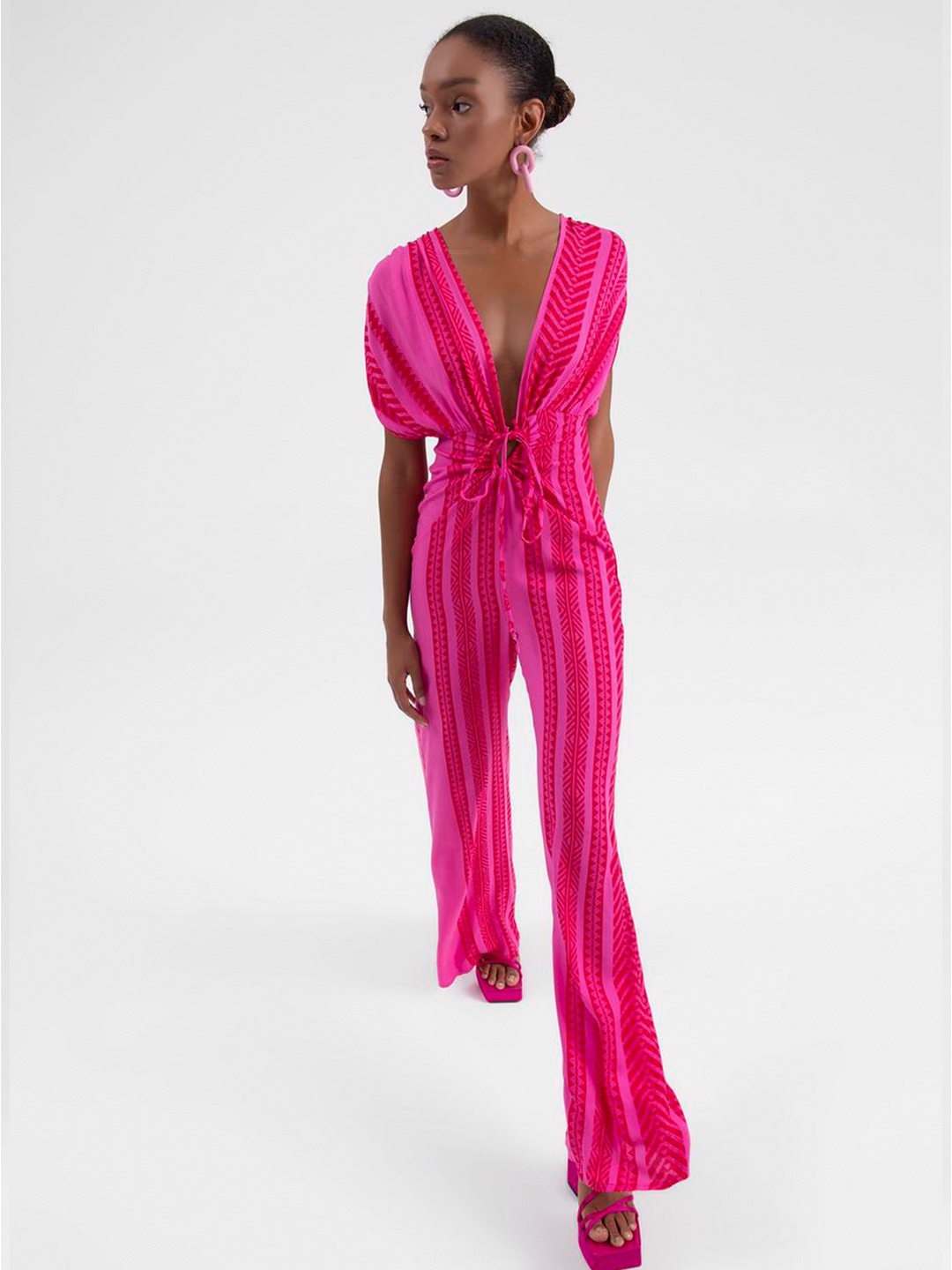 

PRET A TUER Printed Waist Tie-Ups Basic Jumpsuit, Pink