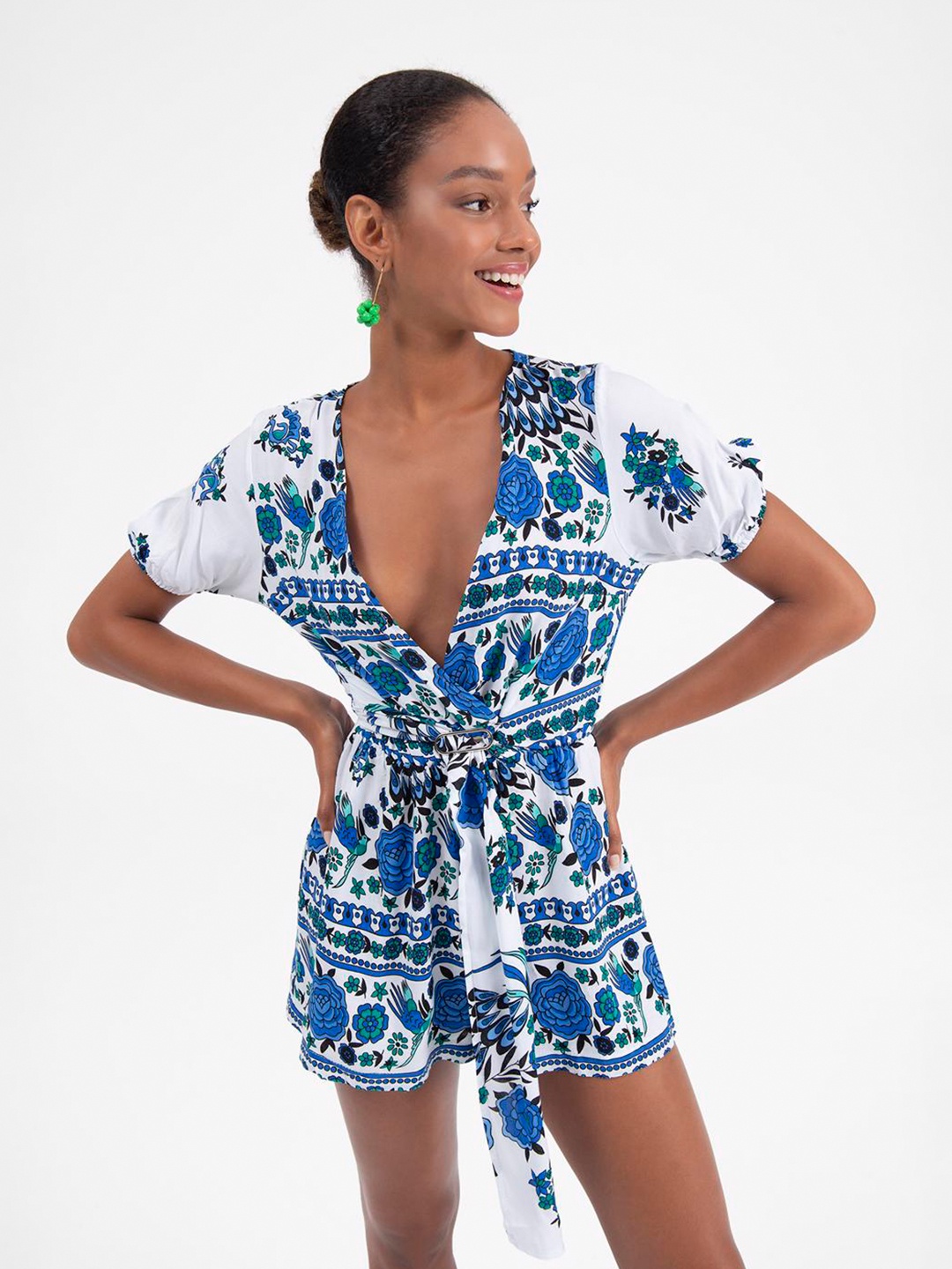 

PRET A TUER Printed V-Neck Printed Waist Tie-Ups Playsuit, Blue