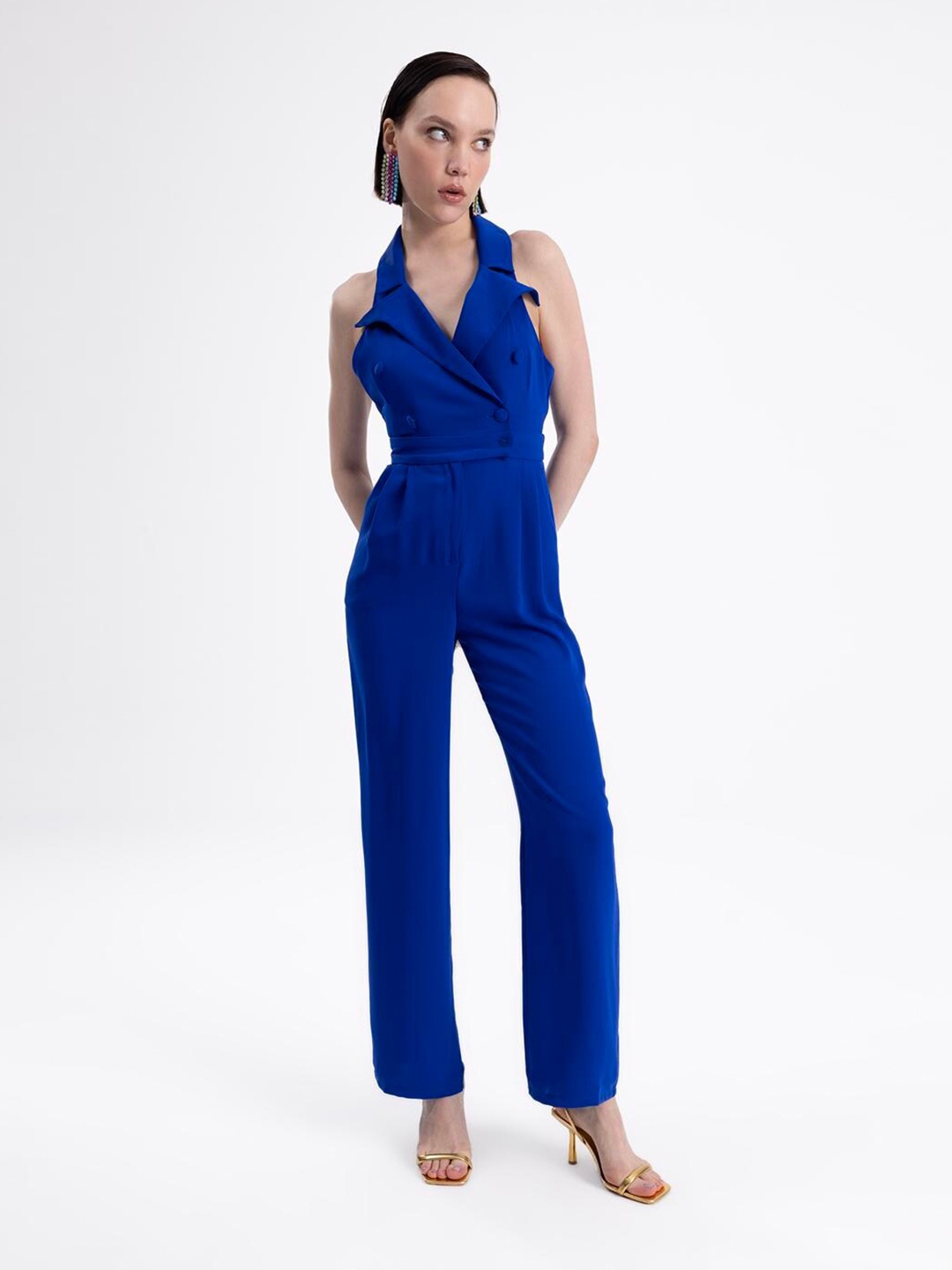 

PRET A TUER Shirt Collar Basic Jumpsuit, Blue