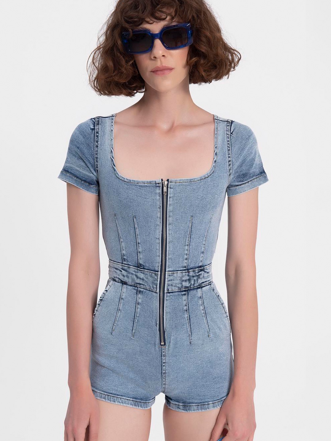 

PRET A TUER Square Neck Denim Jumpsuit, Blue