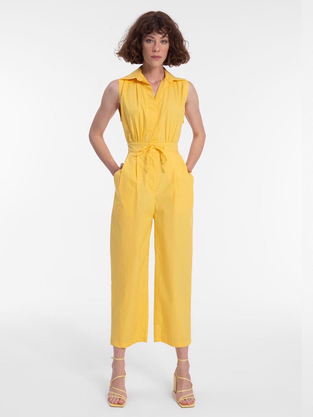 

PRET A TUER Shirt Collar Sleeveless Cotton Jumpsuit, Yellow