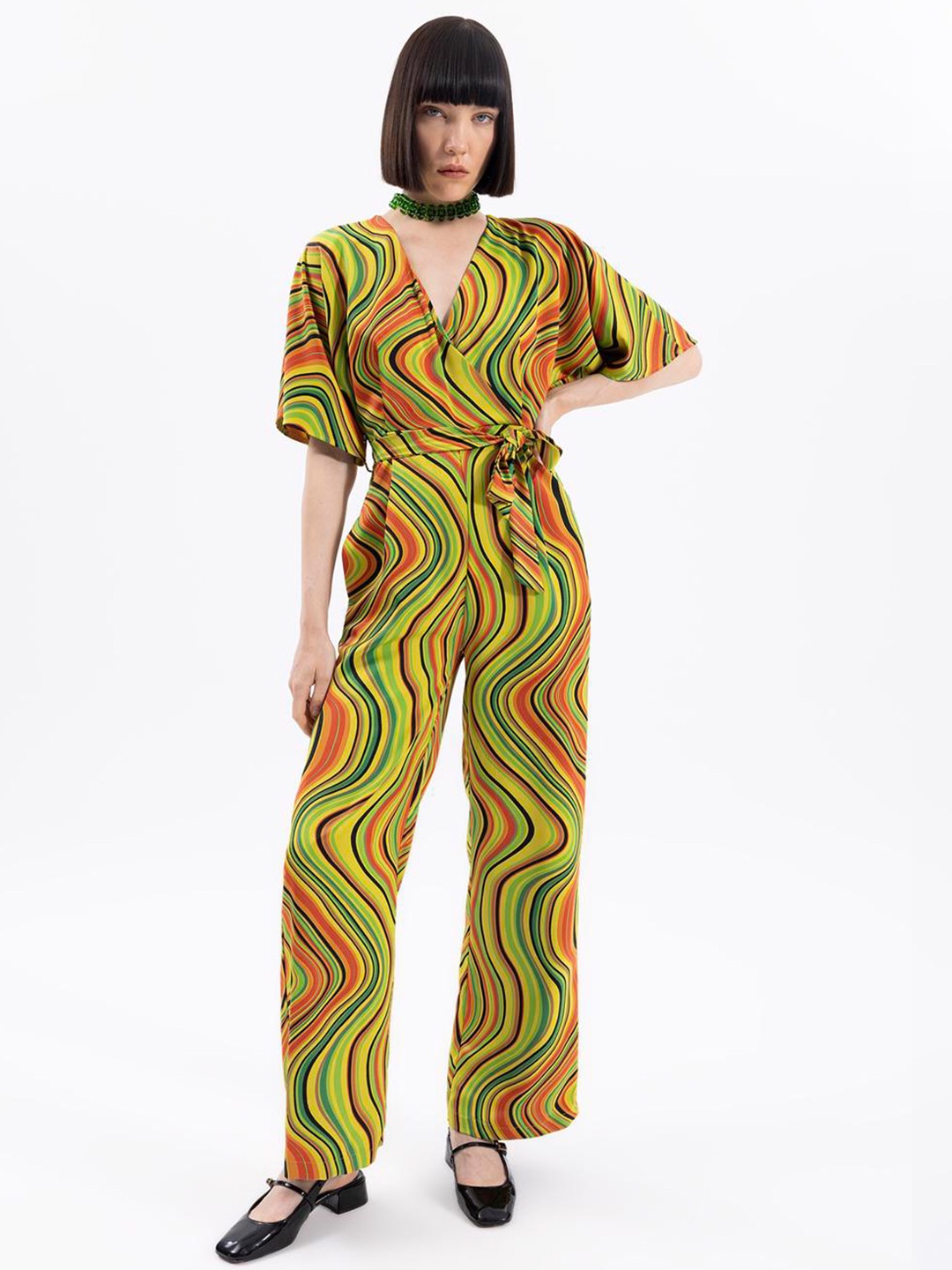 

PRET A TUER V-Neck Printed Basic Jumpsuit, Green