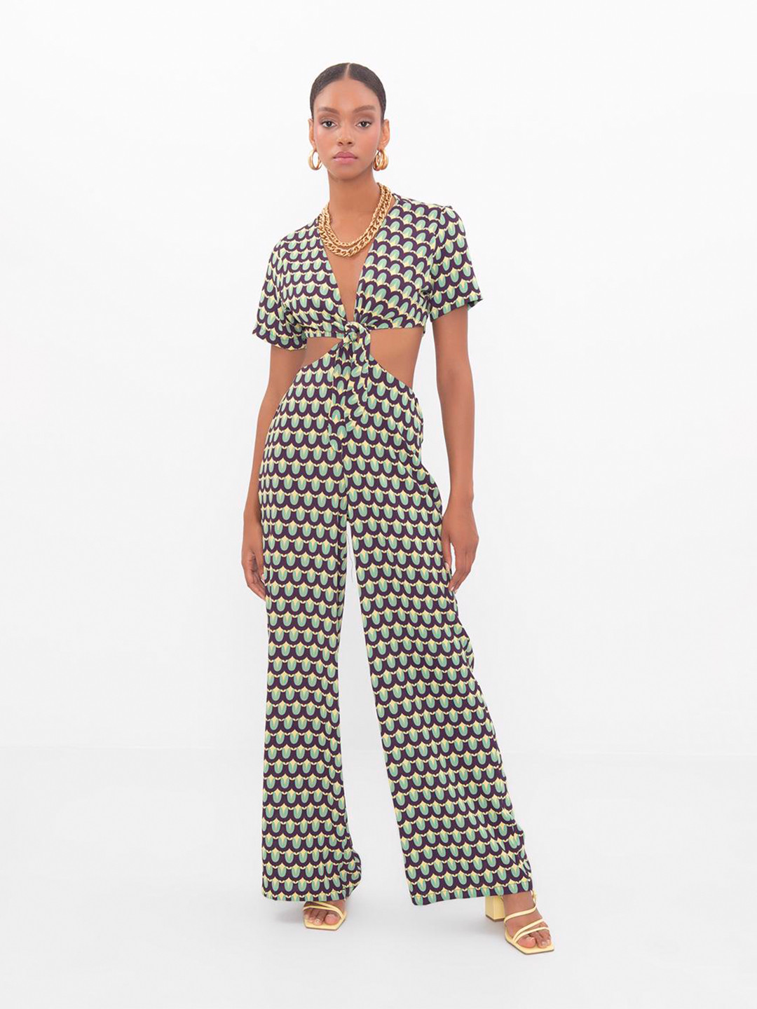 

PRET A TUER Printed V-Neck Basic Jumpsuit, Green