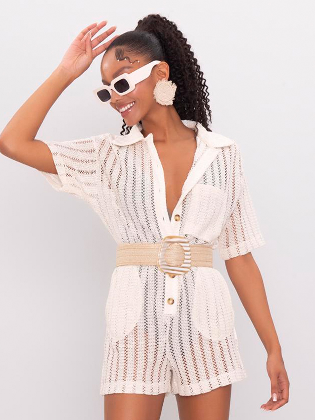 

PRET A TUER Self Design Cotton Shirt Collar Playsuit, Off white