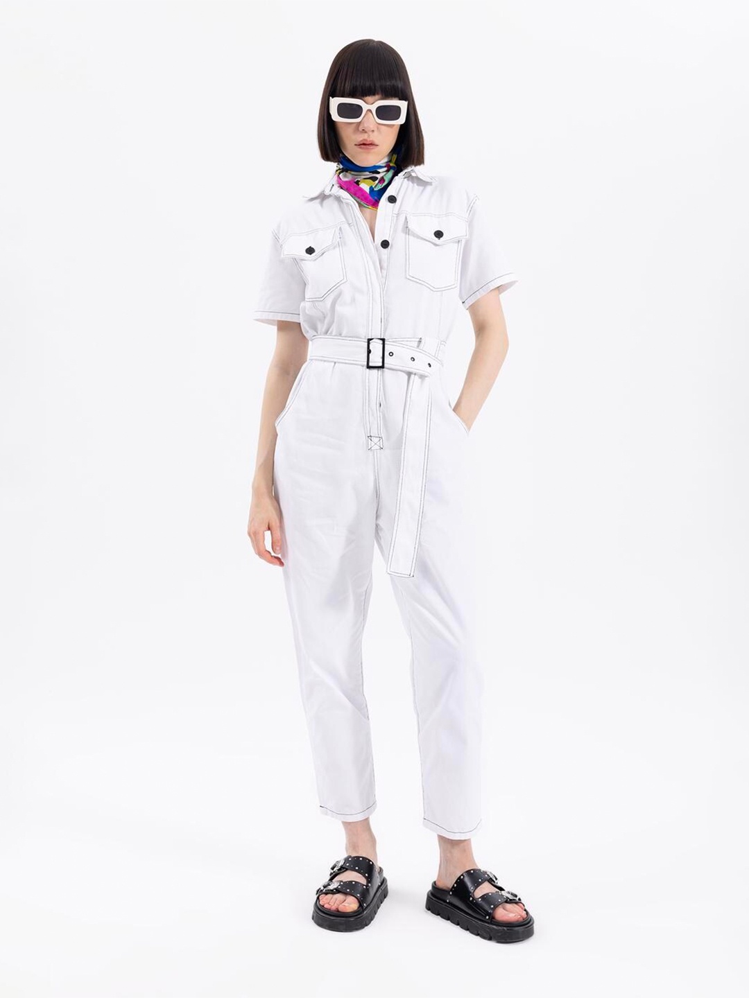 

PRET A TUER Shirt Collar Cotton Basic Jumpsuit, White