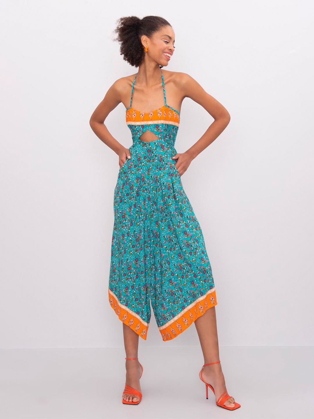 

PRET A TUER Floral Printed Halter Neck Culotte Jumpsuit, Green