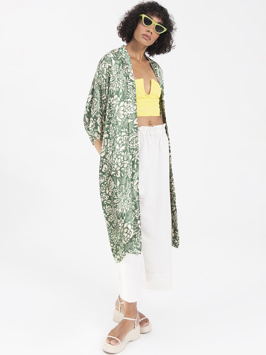 

PRET A TUER Floral Printed Open Front Longline Kimono Shrug, Green