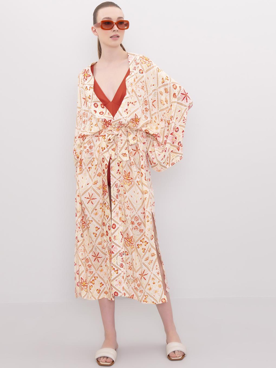 

PRET A TUER Floral Longline Open Front Jacket, Yellow