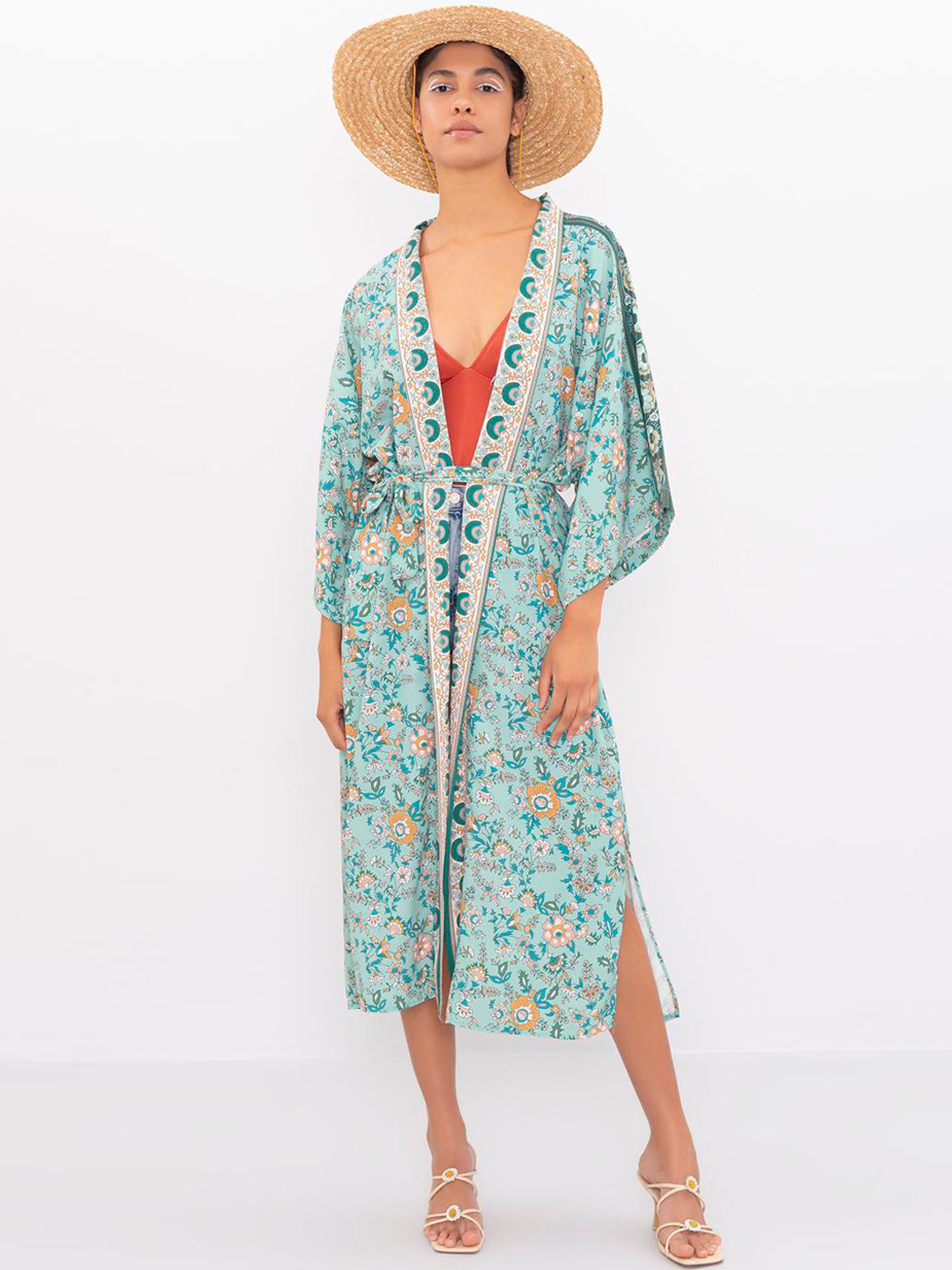 

PRET A TUER Floral Printed Longline Open Front Jacket, Green