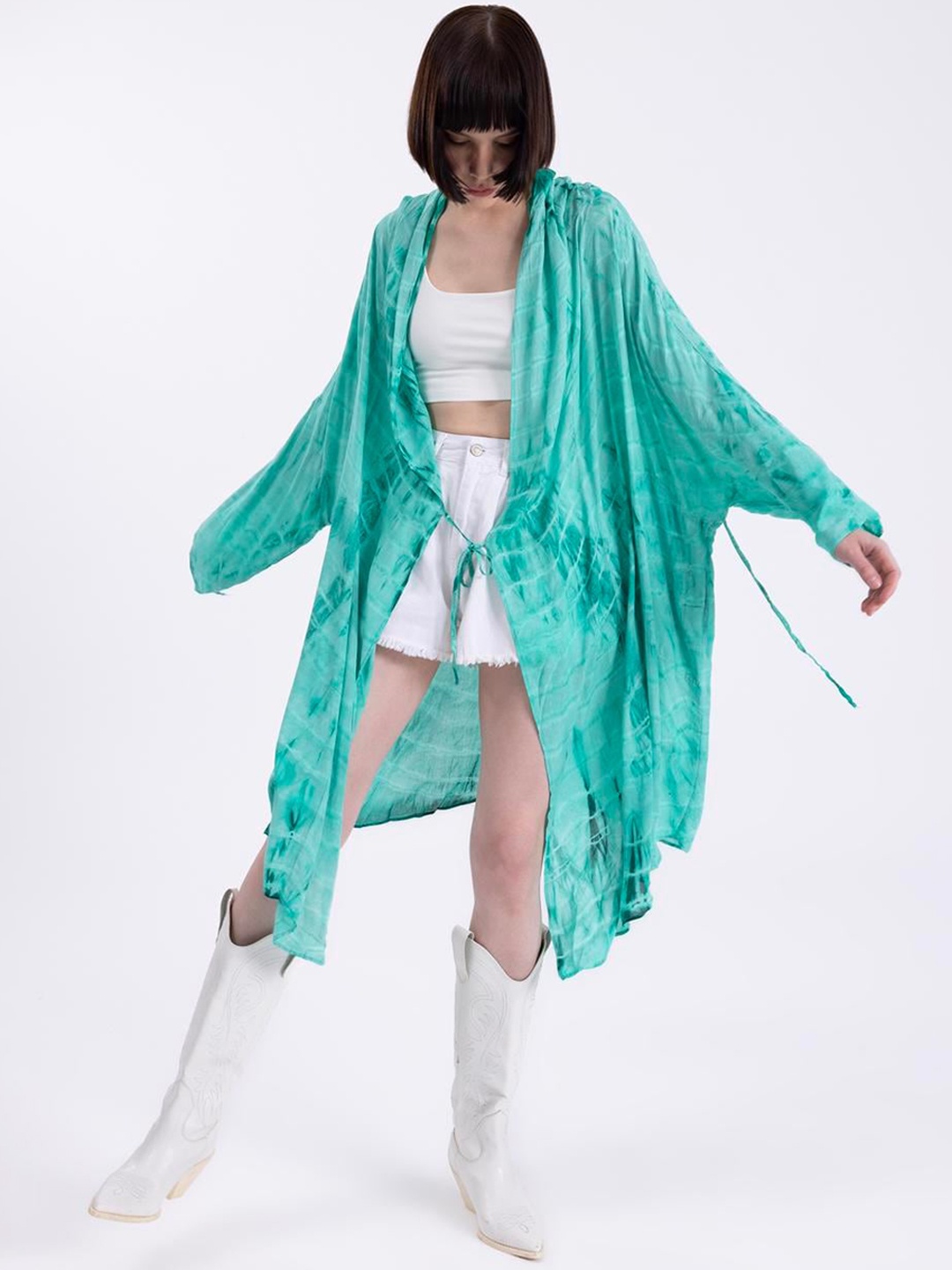 

PRET A TUER Striped Longline Open Front Jacket, Green