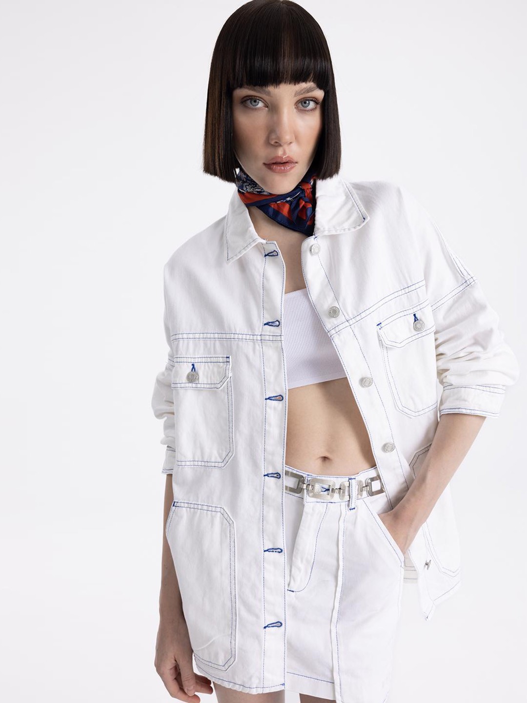 

PRET A TUER Spread Collar Cotton Denim Jacket, White