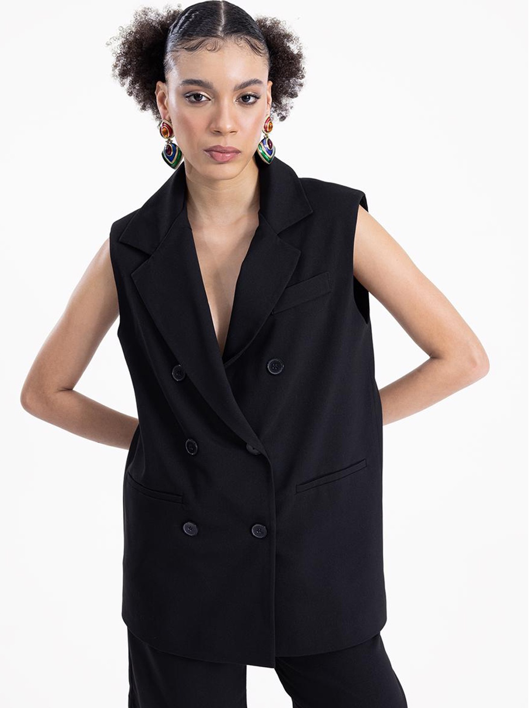 

PRET A TUER Sleevelessl Longline Double-Breasted Casual Blazer, Black
