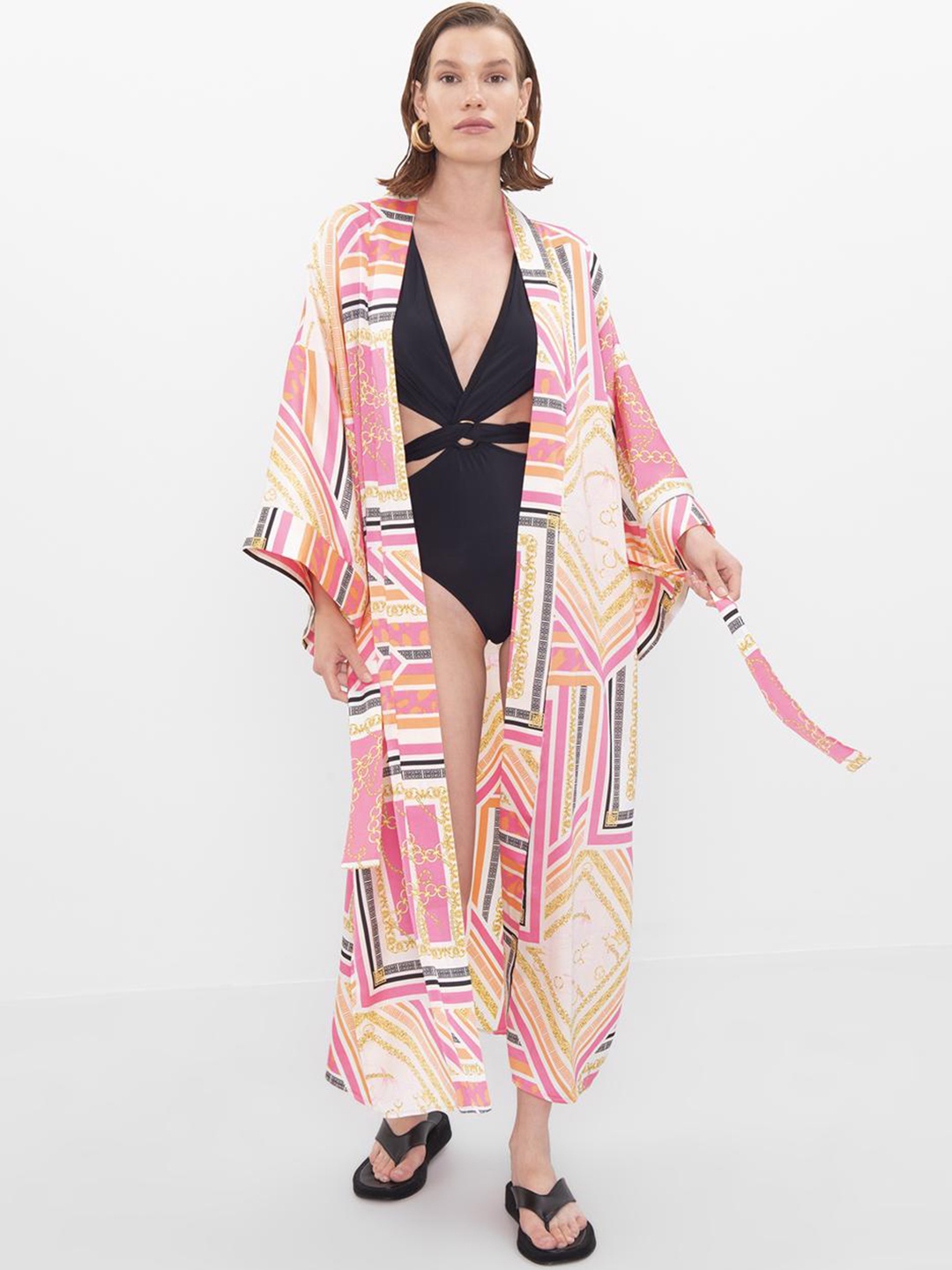 

PRET A TUER Geometric Printed Full Coverage Longline Swim Cover Up Top, Pink