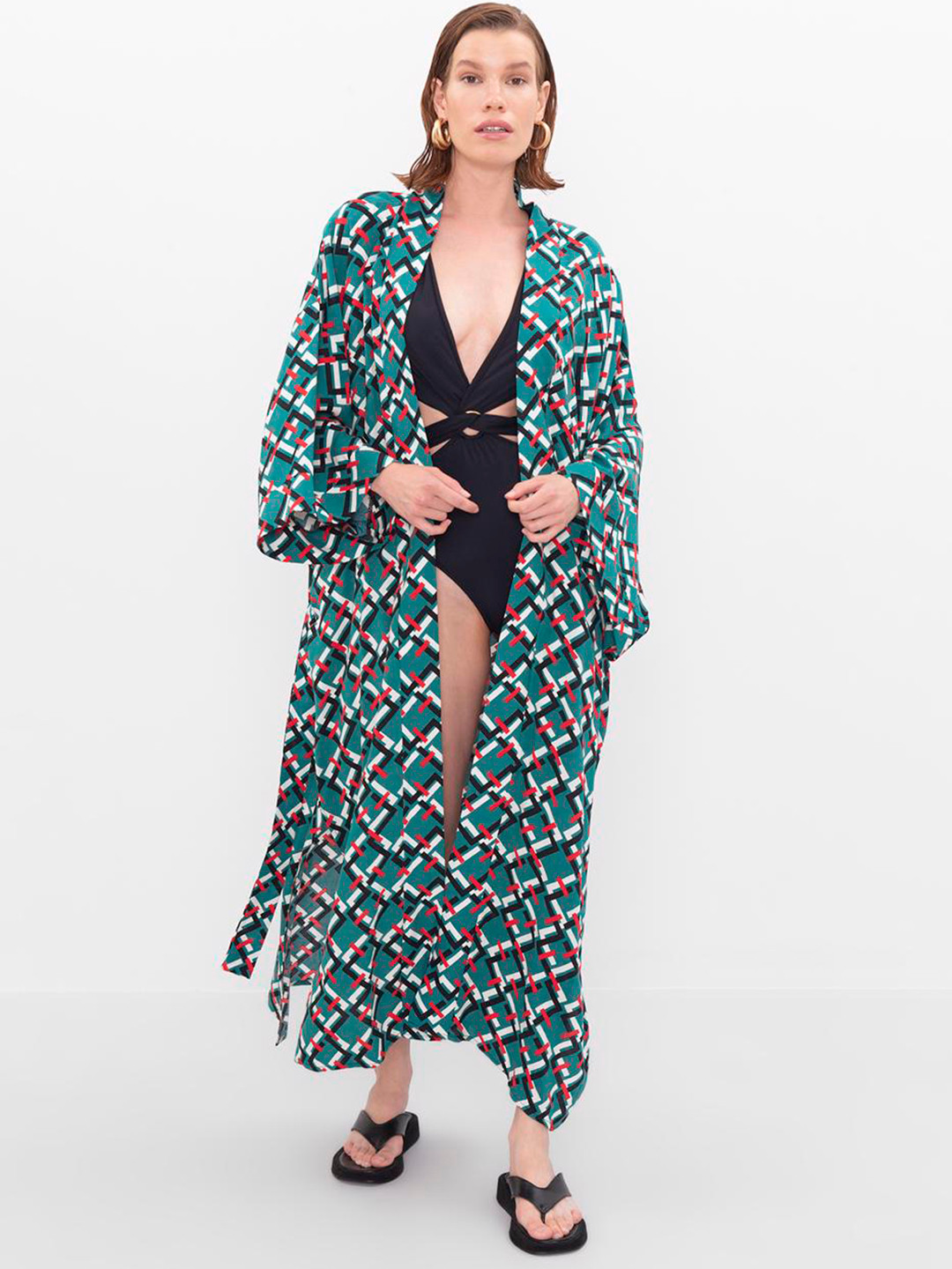 

PRET A TUER Geometric Printed Swimwear Cover Up Top, Green