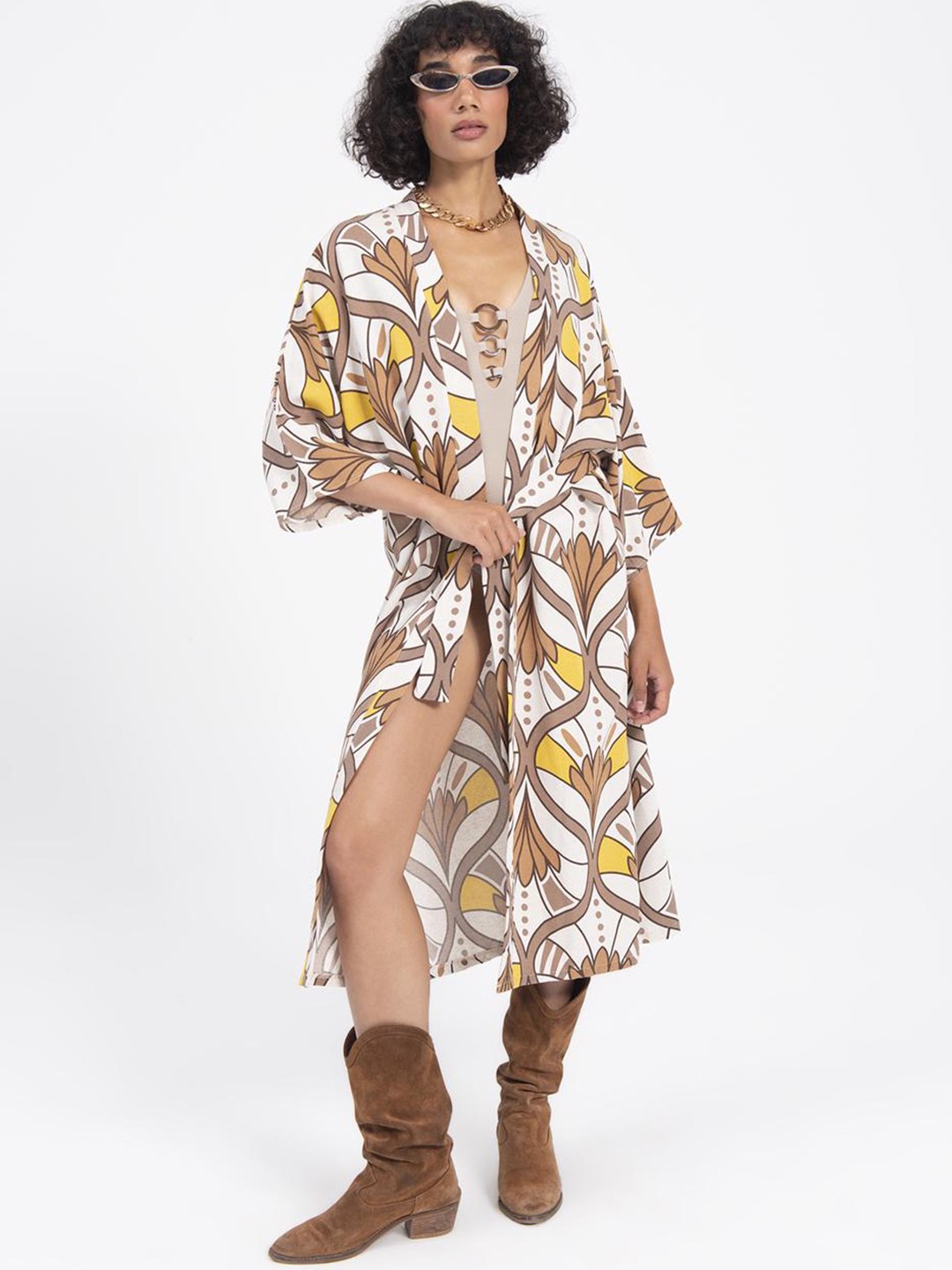 

PRET A TUER Floral Printed Longline Open Front Swimwear Coverup Top, Brown