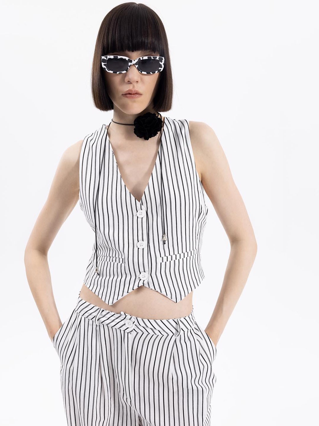 

PRET A TUER Striped Crop Cotton Waistcoat, White