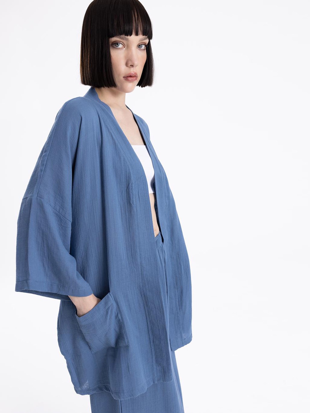 

PRET A TUER Belted Longline Open Front Cotton Shrug, Blue