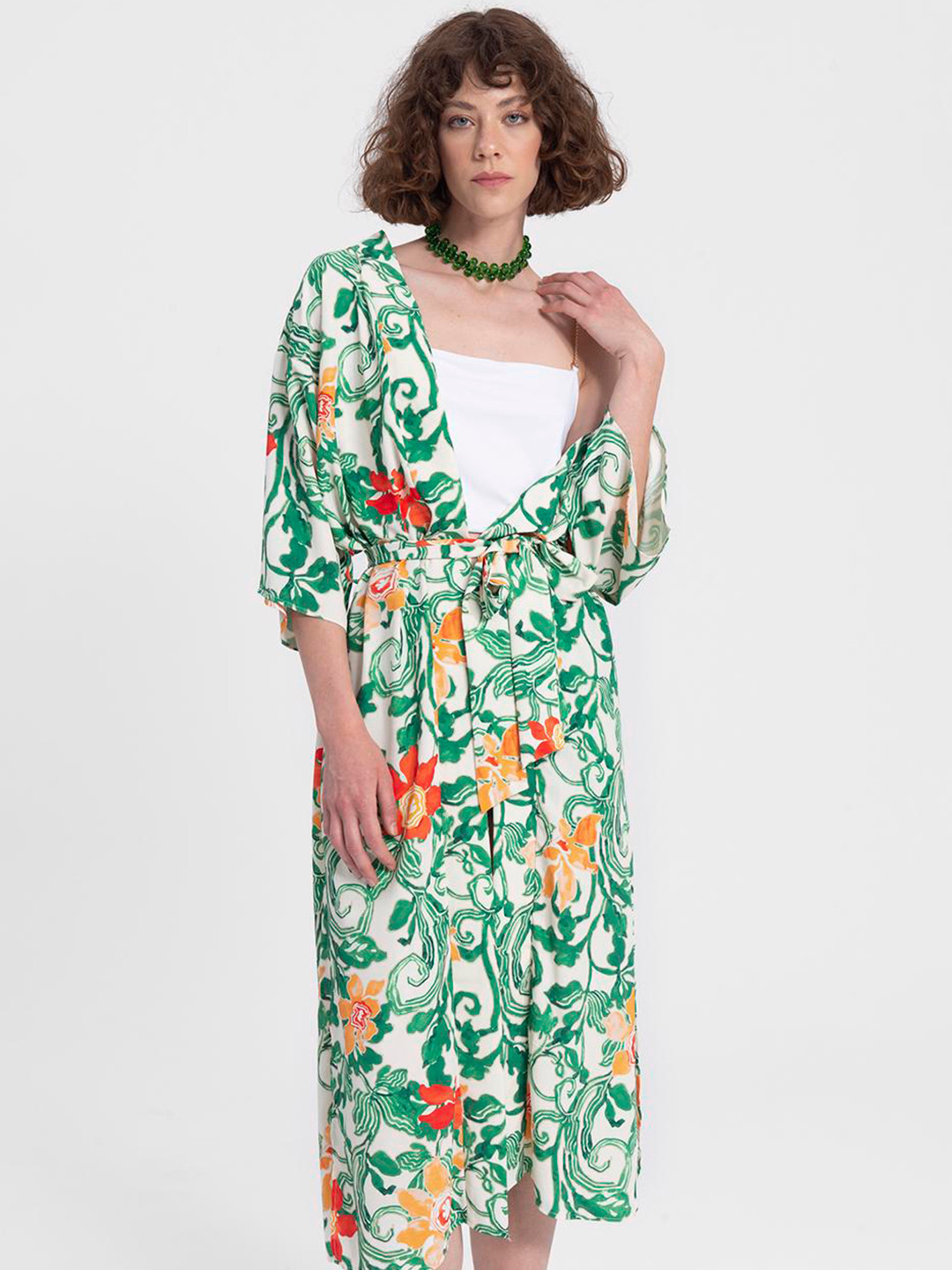 

PRET A TUER Floral Printed Longline Shrug, Green