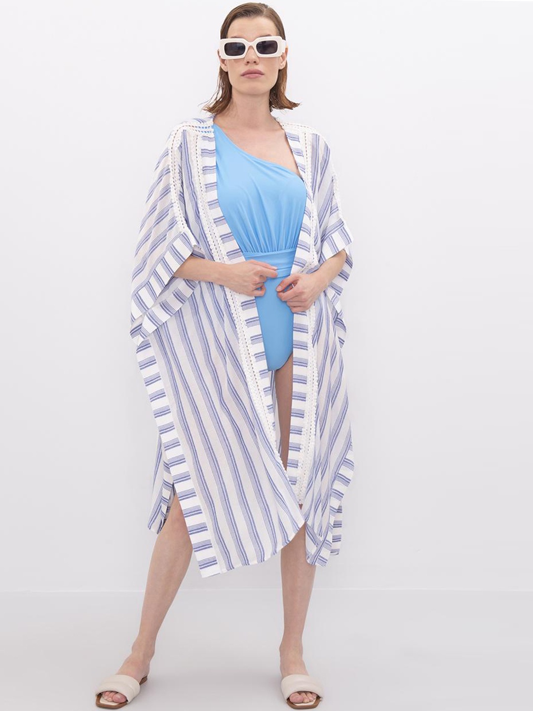 

PRET A TUER Striped Longline Open Front Lace Detail Swimwear Coverup Top, Blue
